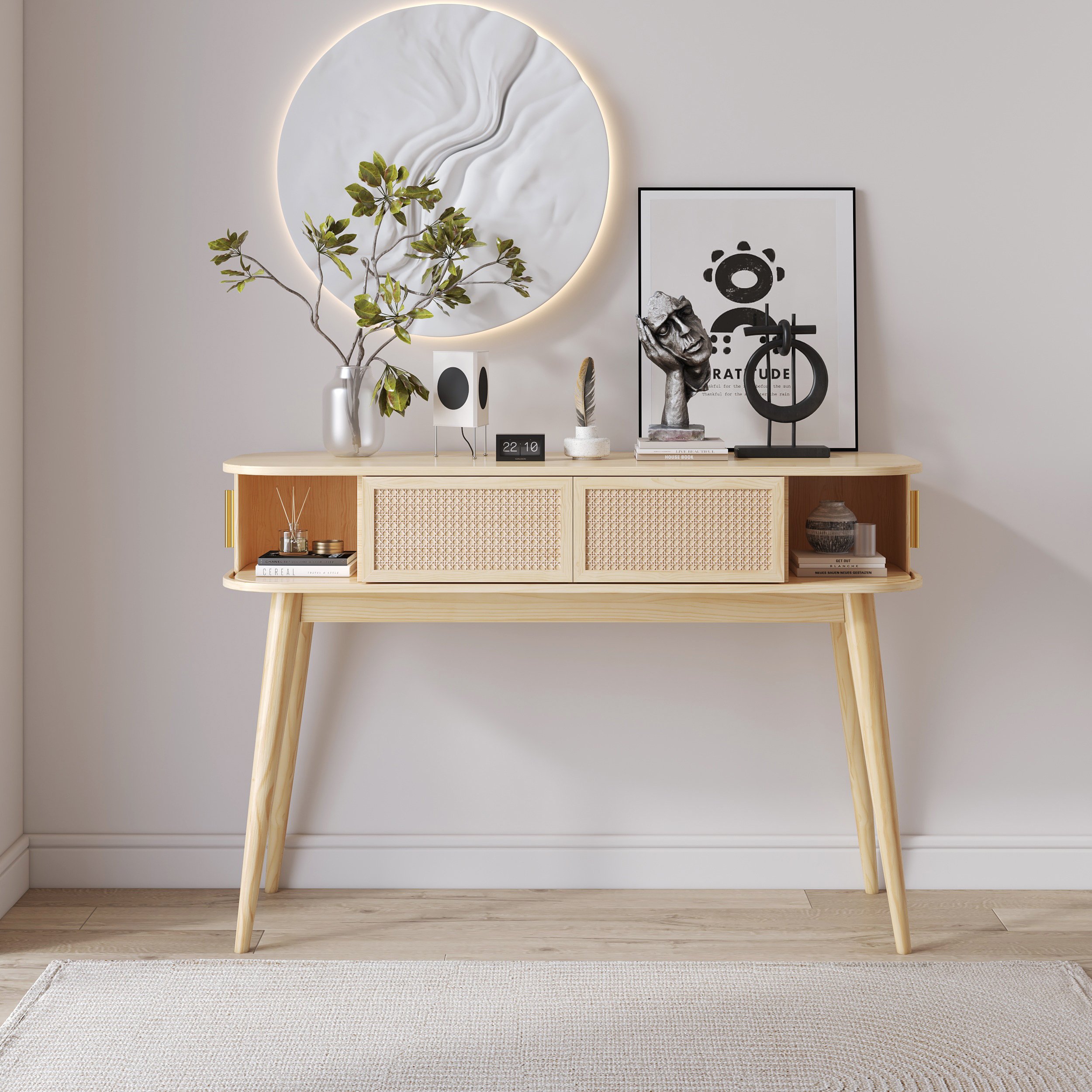 HMR - Natural Wood Console Table with Storage (47.2")