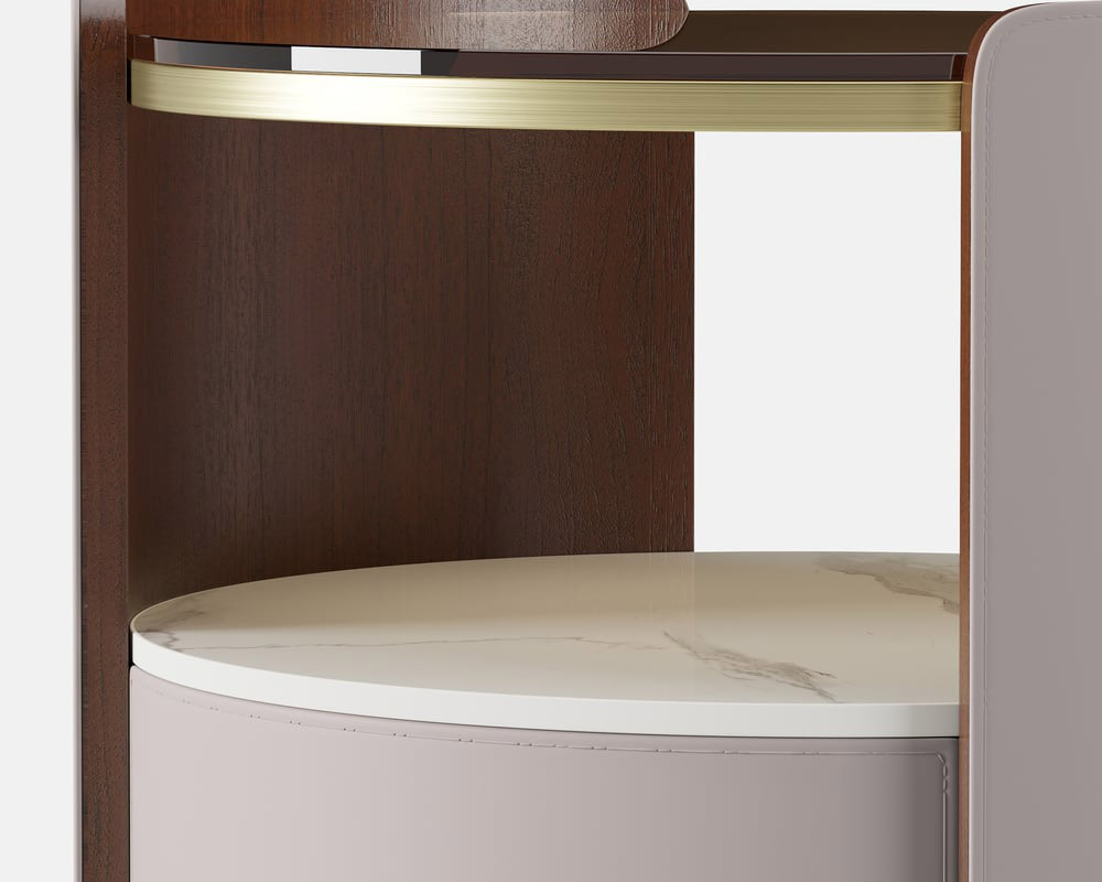 HMR - Modern Round Leather Nightstand with Glass Top & Sintered Stone Bedside with Shelf