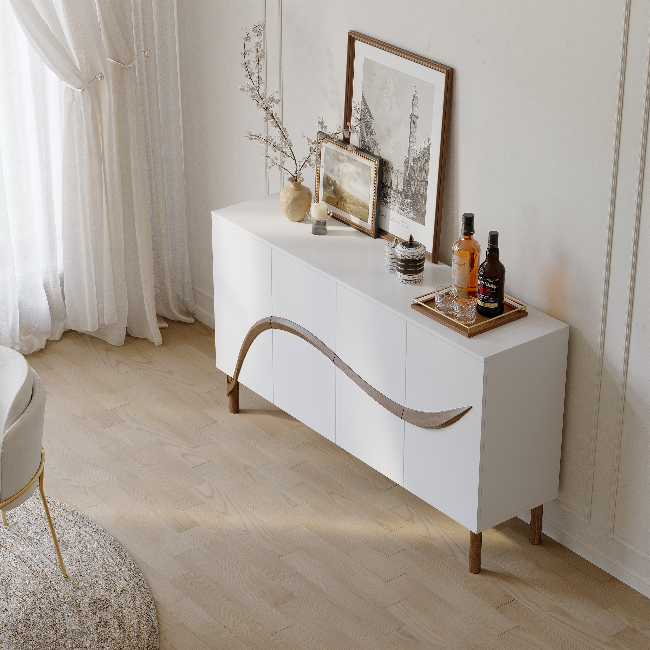 HMR - 63'' White & Walnut Contemporary Sideboard Cabinet 4-Door