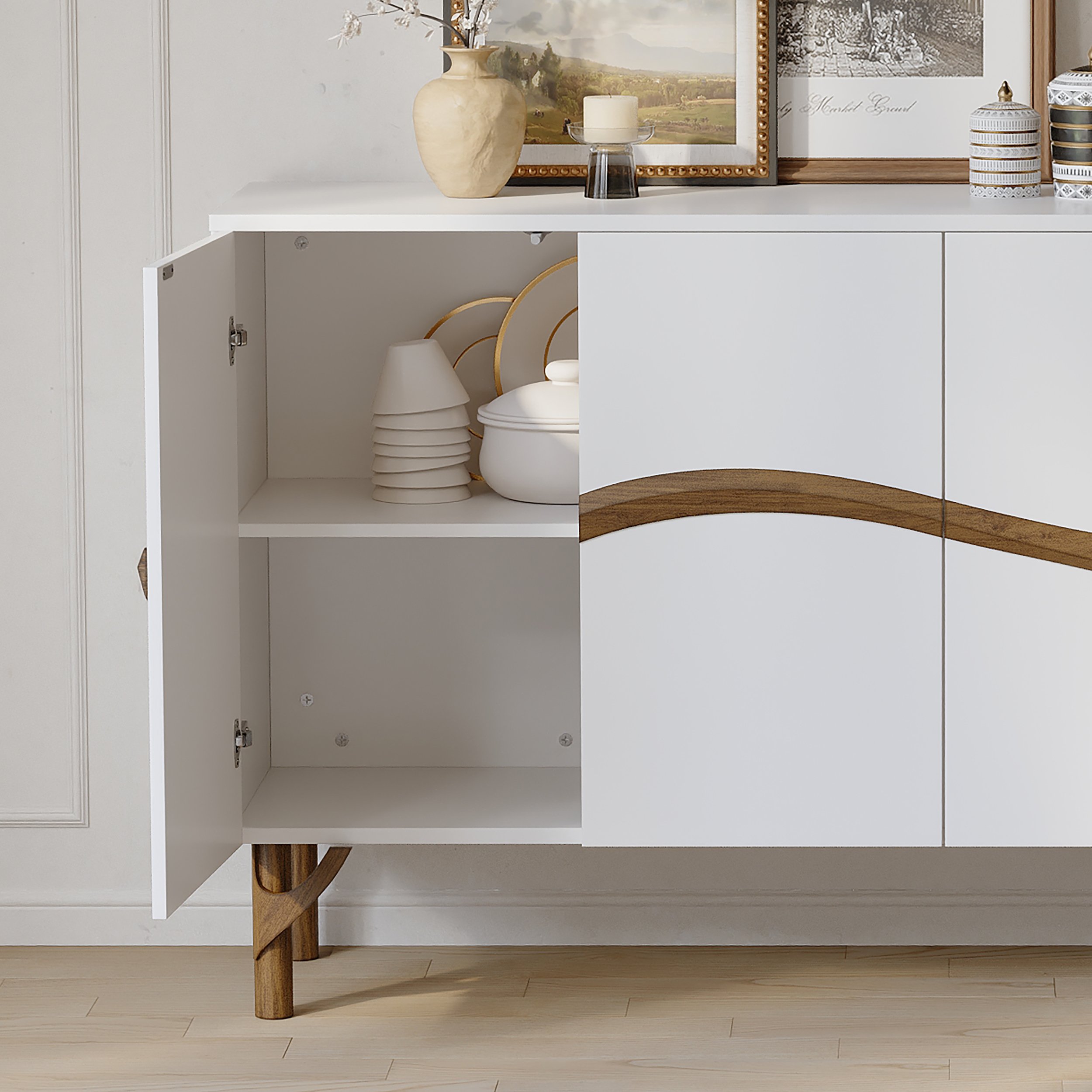 HMR - 63'' White & Walnut Contemporary Sideboard Cabinet 4-Door