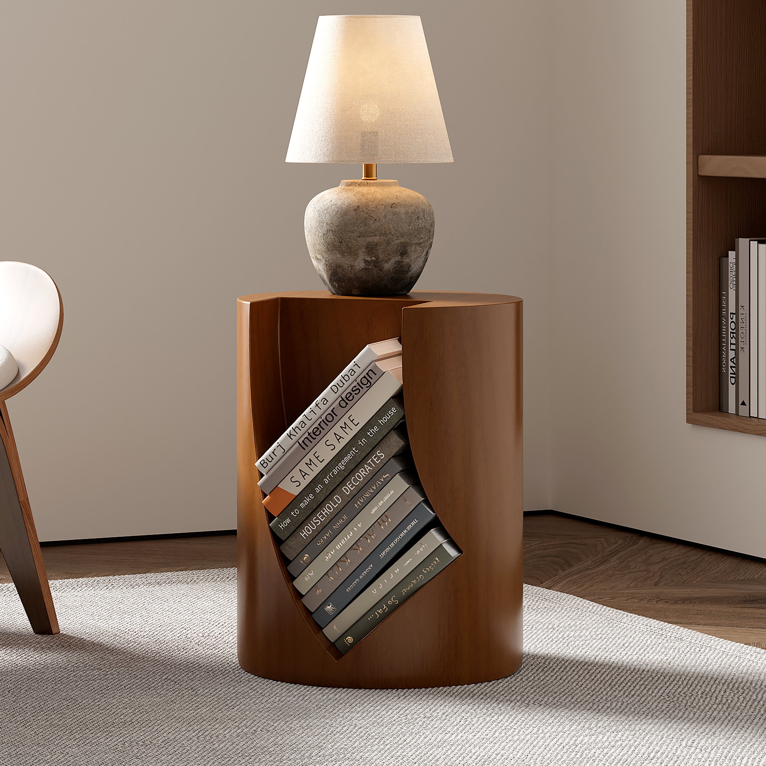 HMR - Modern Walnut Side Table with Open Storage