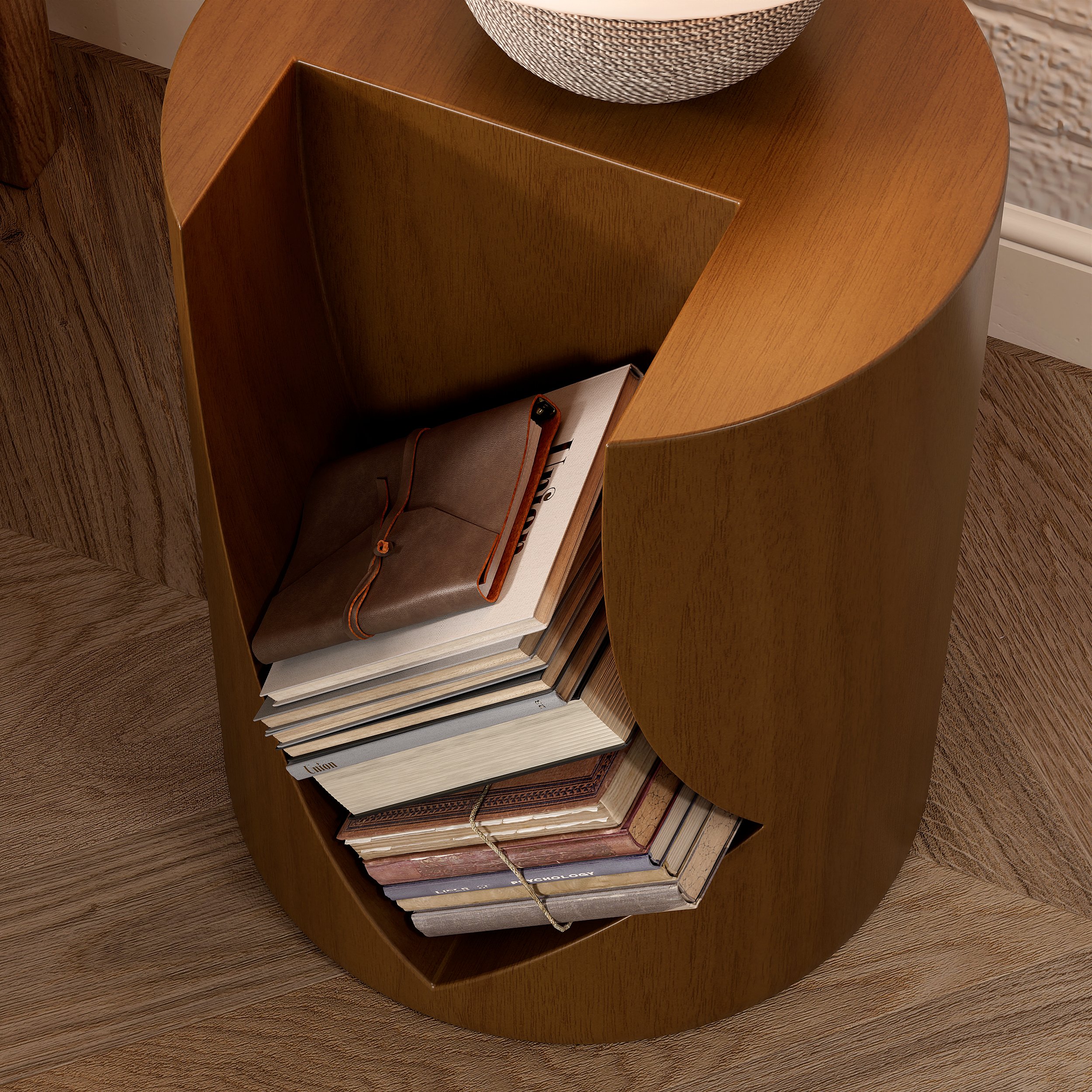 HMR - Modern Walnut Side Table with Open Storage