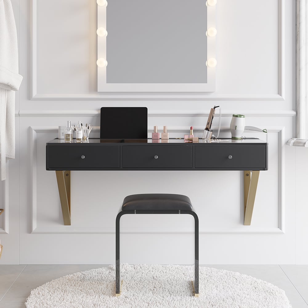 HMR 47" Leather Floating Tempered Glass Top Makeup Vanity - Black