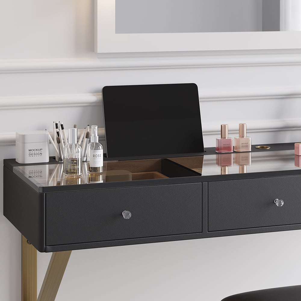 HMR 47" Leather Floating Tempered Glass Top Makeup Vanity - Black