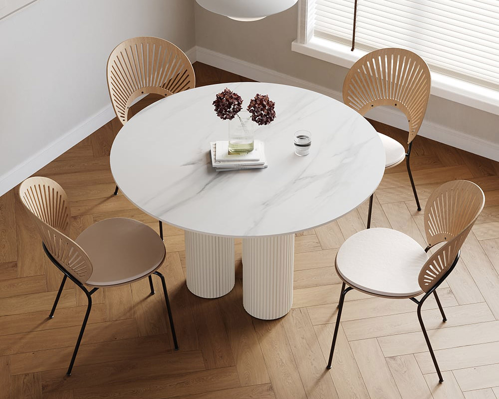 HMR Modern Round Sintered Stone Dining Table - White, 39.4"L x 39.4"W x 29.5"H