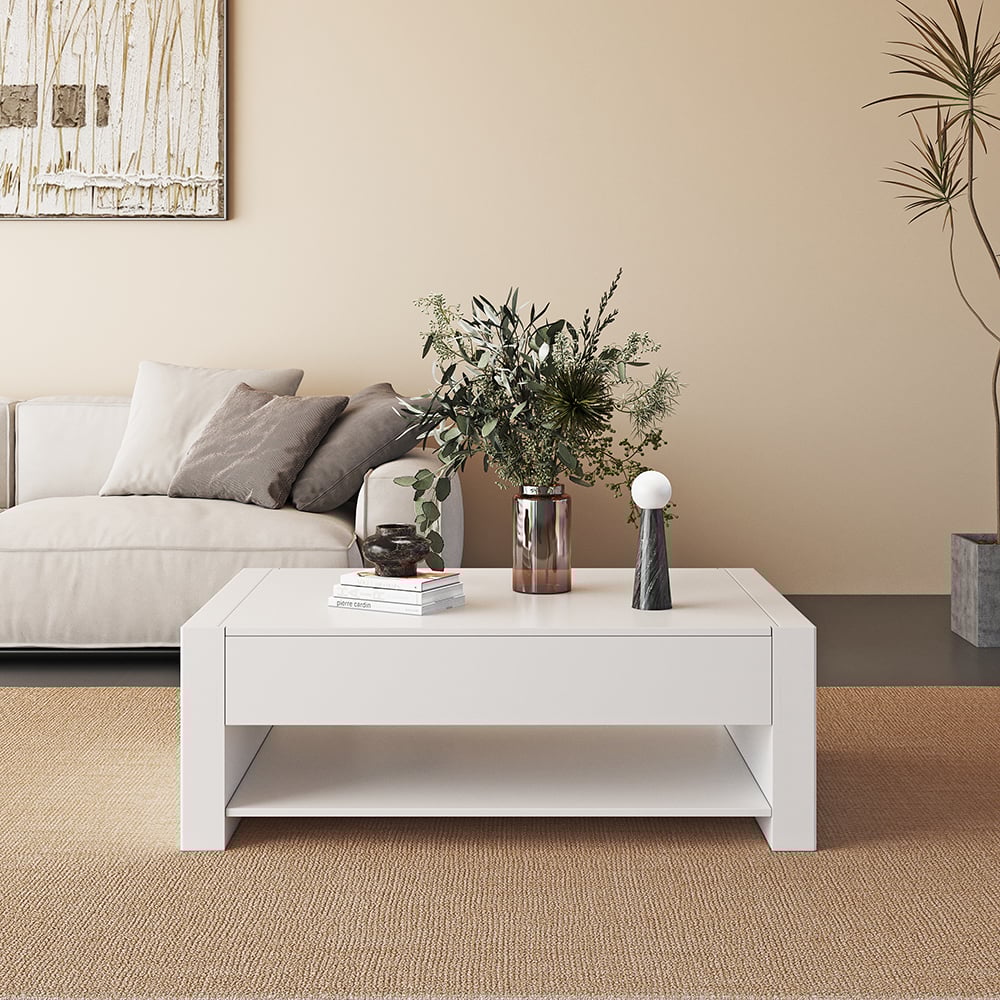 HMR - 62.2" Modern White Extendable Gaming Coffee Table Fluted with Open Storage