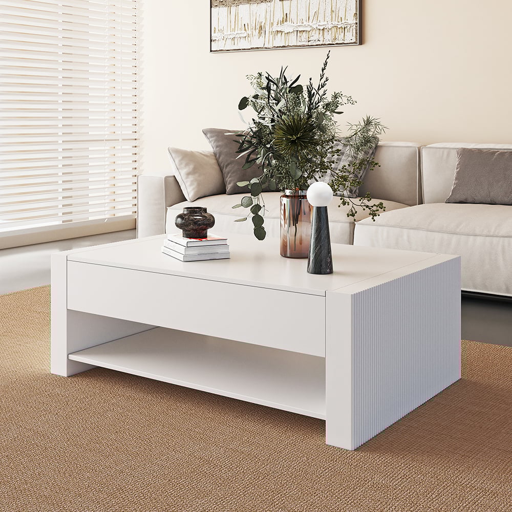HMR - 62.2" Modern White Extendable Gaming Coffee Table Fluted with Open Storage