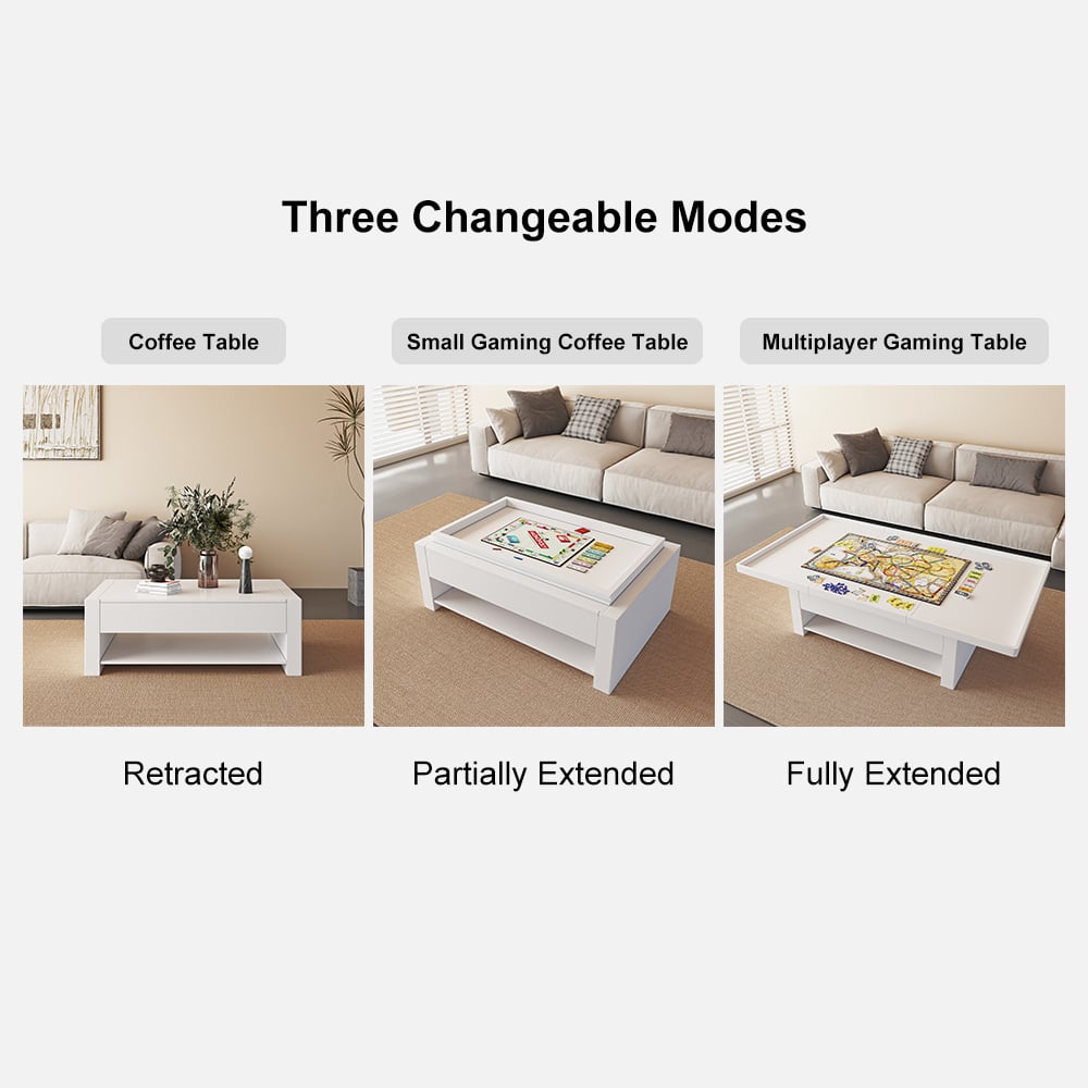 HMR - 62.2" Modern White Extendable Gaming Coffee Table Fluted with Open Storage