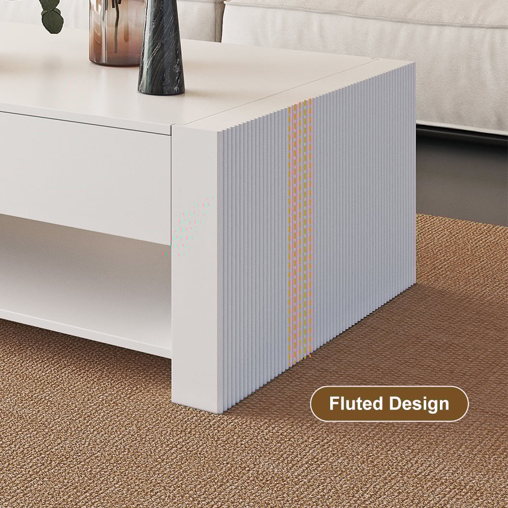 HMR - 62.2" Modern White Extendable Gaming Coffee Table Fluted with Open Storage