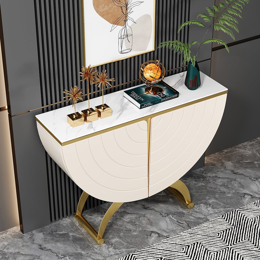 HMR - Modern Gold Console Table Sintered Stone Top Entryway Storage Cabinet with Doors