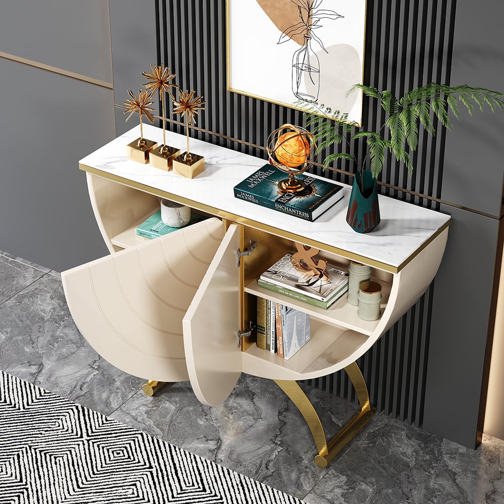 HMR - Modern Gold Console Table Sintered Stone Top Entryway Storage Cabinet with Doors