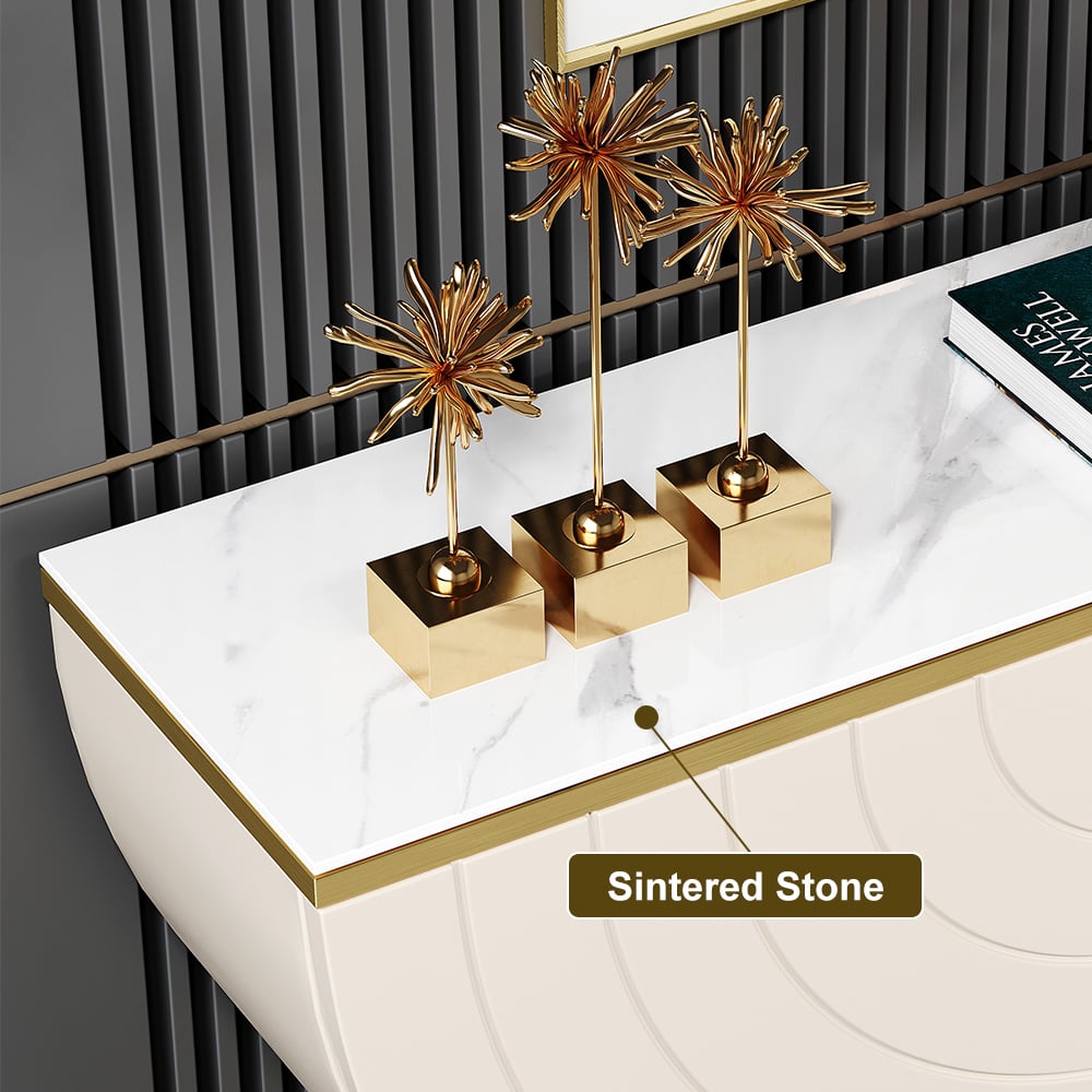 HMR - Modern Gold Console Table Sintered Stone Top Entryway Storage Cabinet with Doors