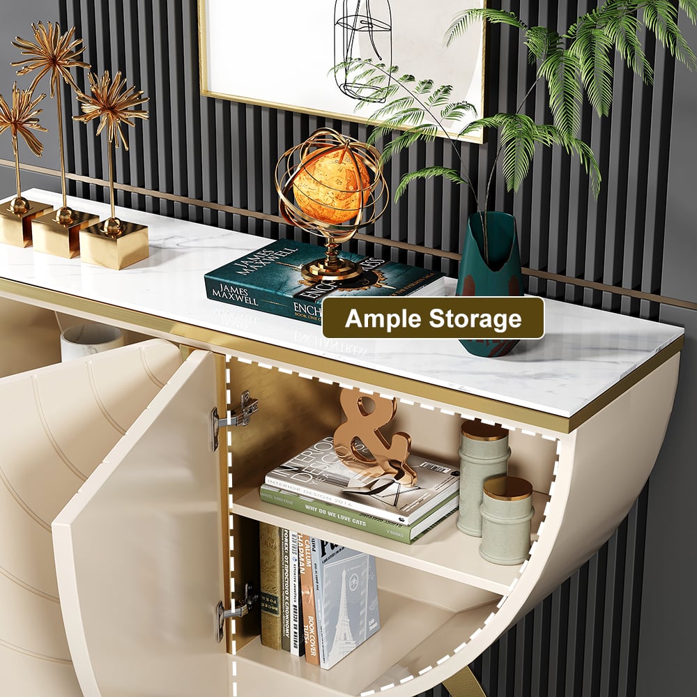 HMR - Modern Gold Console Table Sintered Stone Top Entryway Storage Cabinet with Doors