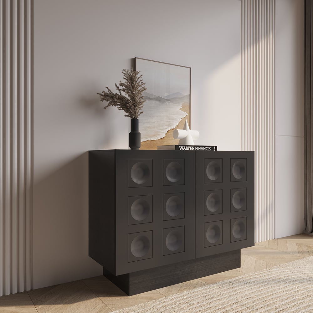 HMR - 41" Black Sideboard Buffet Doors&Drawers Modern Circle Patterned Kitchen Cabinet