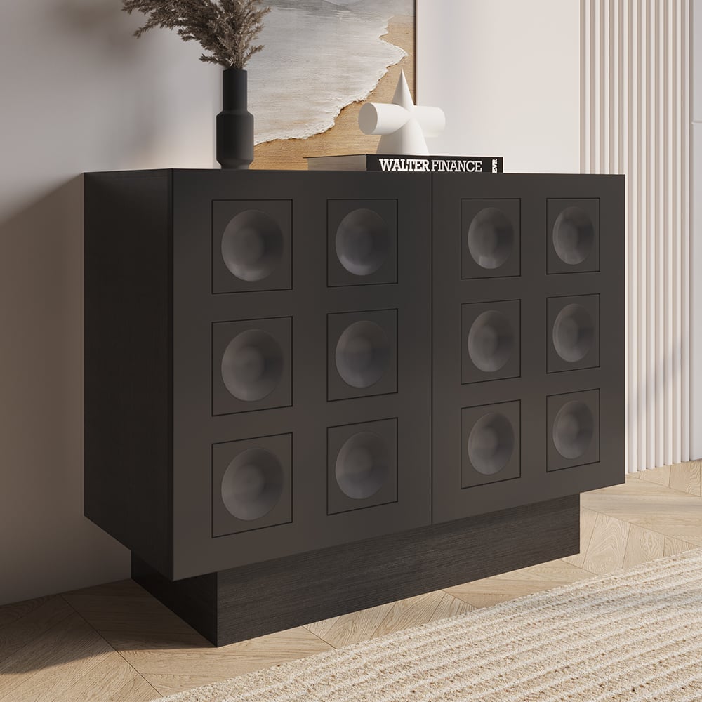 HMR - 41" Black Sideboard Buffet Doors&Drawers Modern Circle Patterned Kitchen Cabinet