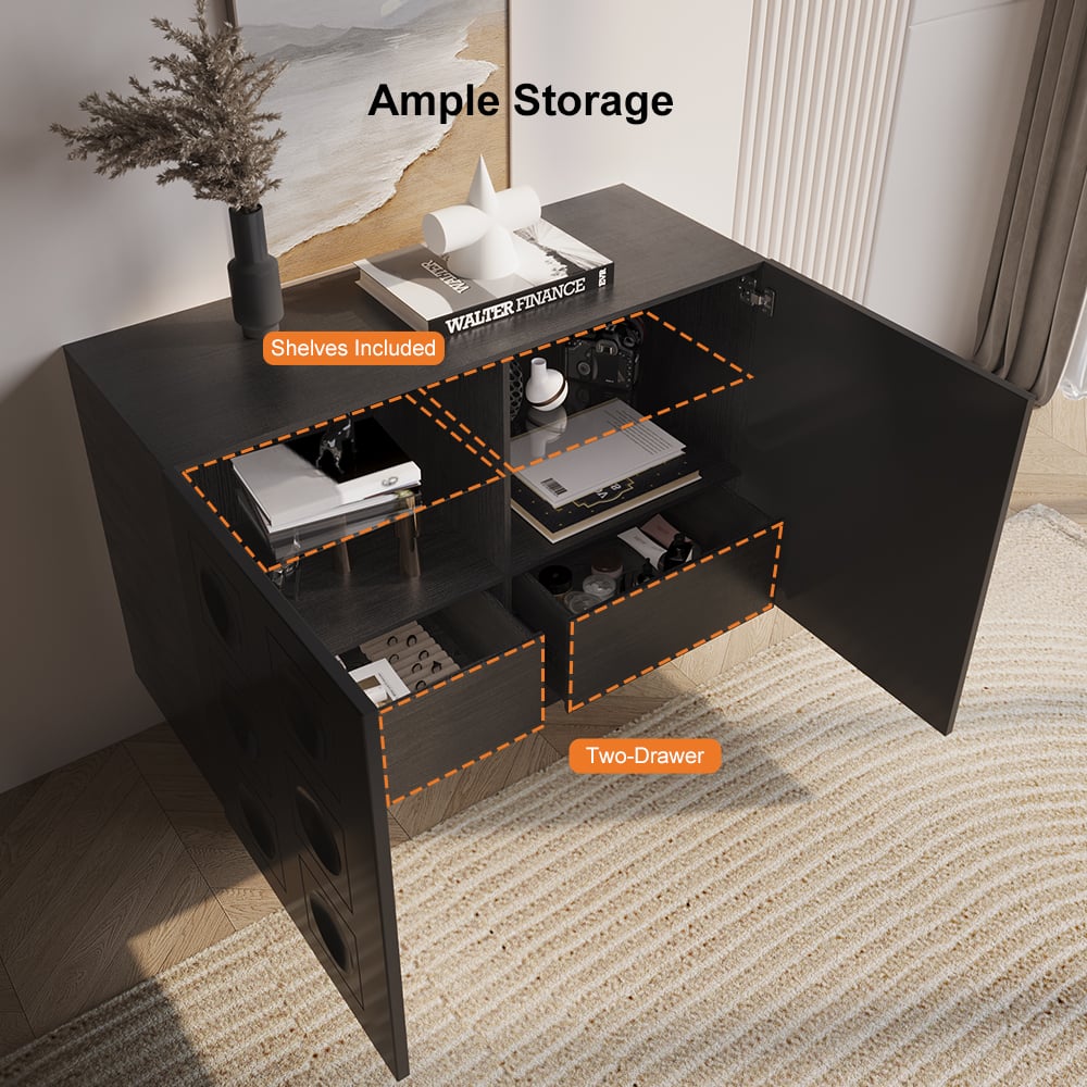 HMR - 41" Black Sideboard Buffet Doors&Drawers Modern Circle Patterned Kitchen Cabinet