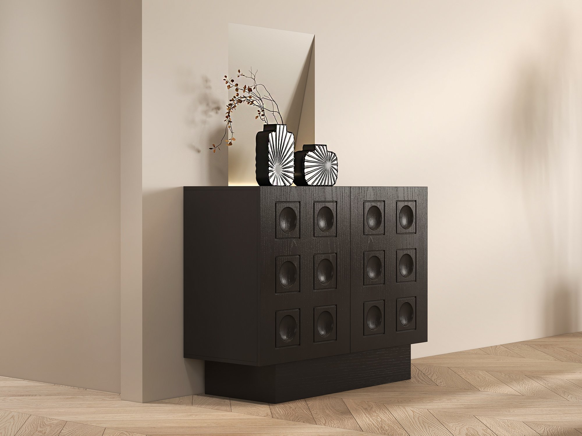 HMR - 41" Black Sideboard Buffet Doors&Drawers Modern Circle Patterned Kitchen Cabinet