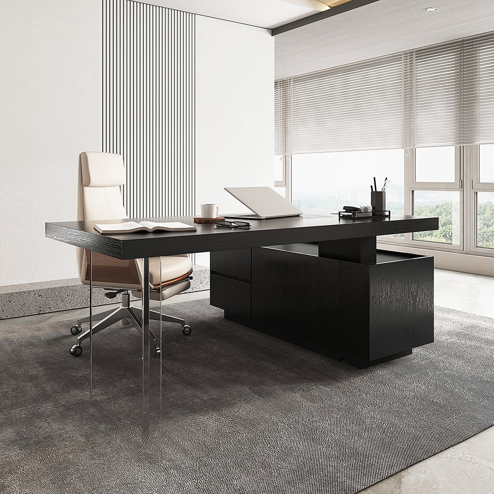 HMR 71.5" Modern L-Shape Standing Executive Desk with Side Cabinet and lifter Desktop - Black, Left Hand