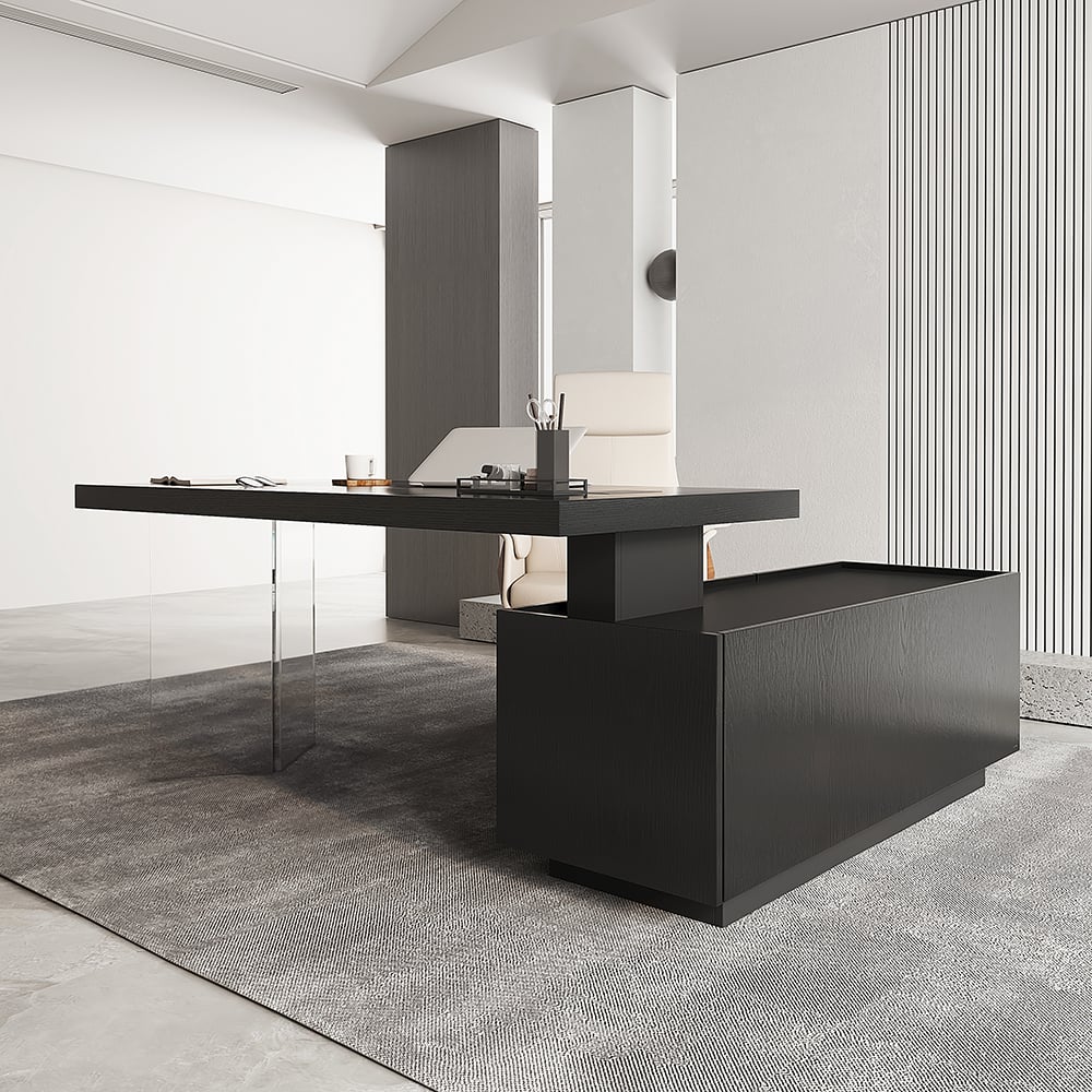 HMR 71.5" Modern L-Shape Standing Executive Desk with Side Cabinet and lifter Desktop - Black, Left Hand