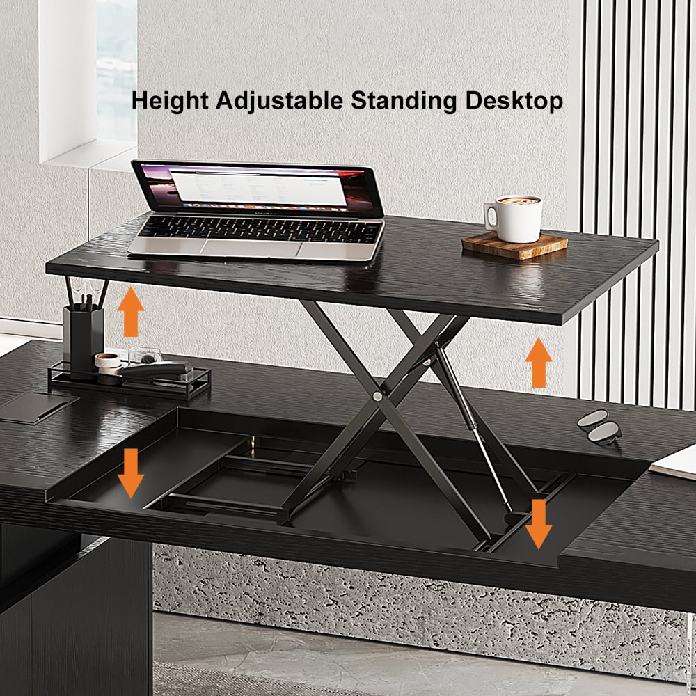 HMR 71.5" Modern L-Shape Standing Executive Desk with Side Cabinet and lifter Desktop - Black, Left Hand