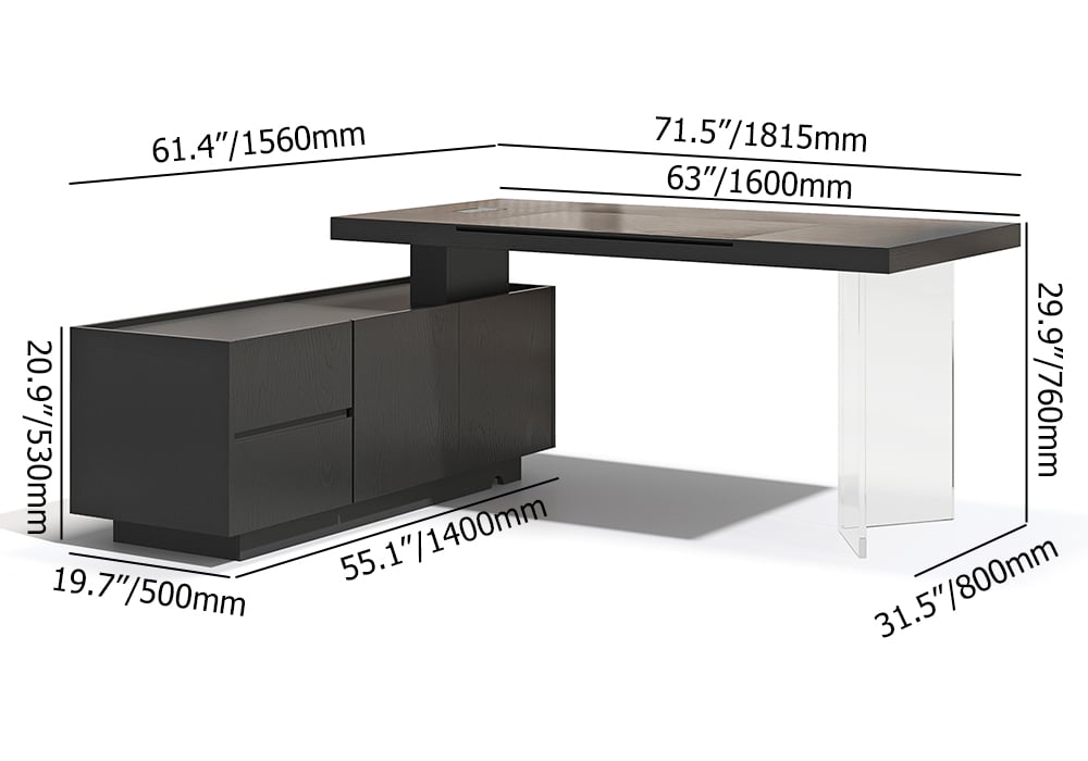 HMR 71.5" Modern L-Shape Standing Executive Desk with Side Cabinet and lifter Desktop - Black, Left Hand