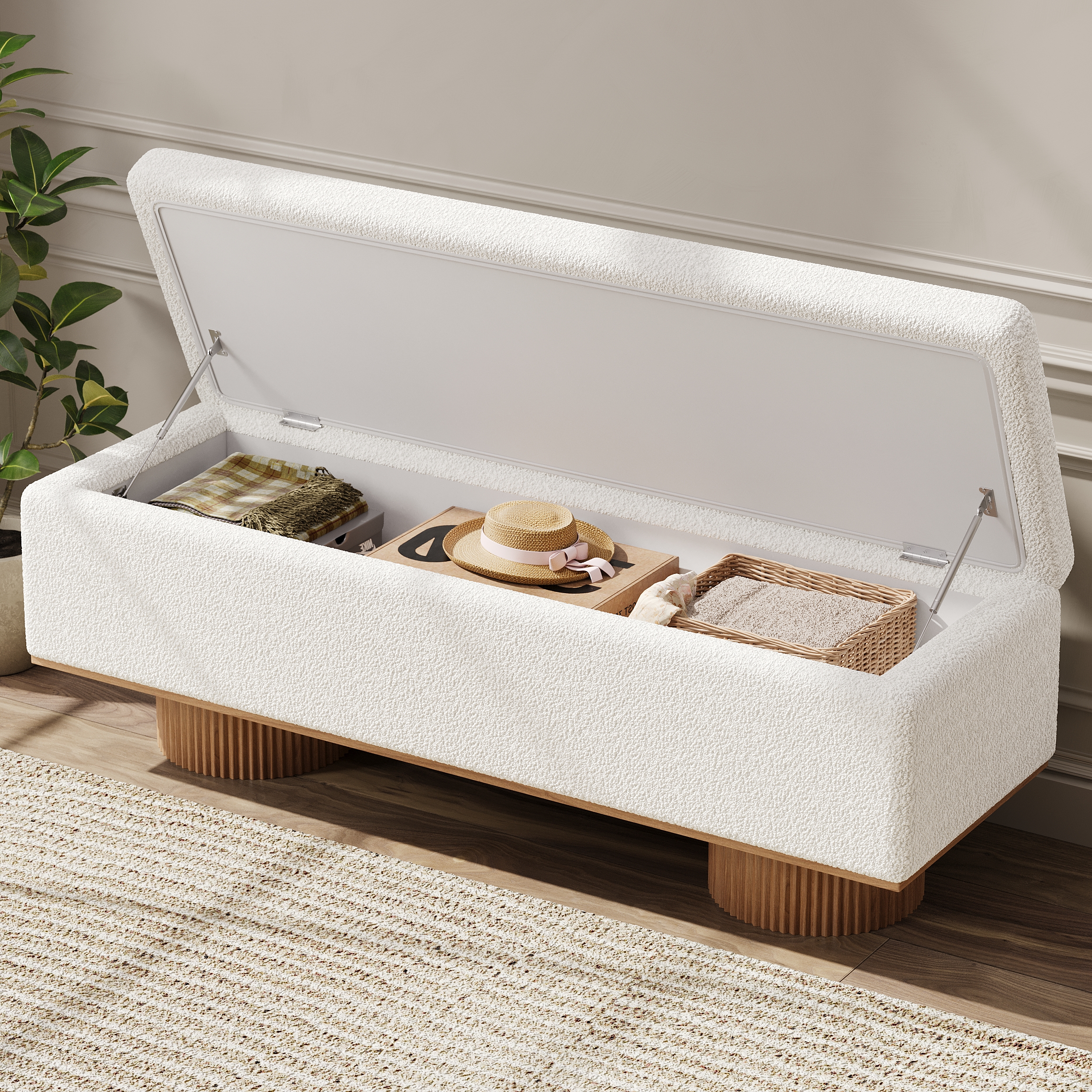 HMR - Teddy Fabric Fluffy Faux Fur Flip Top Wood Storage Bench