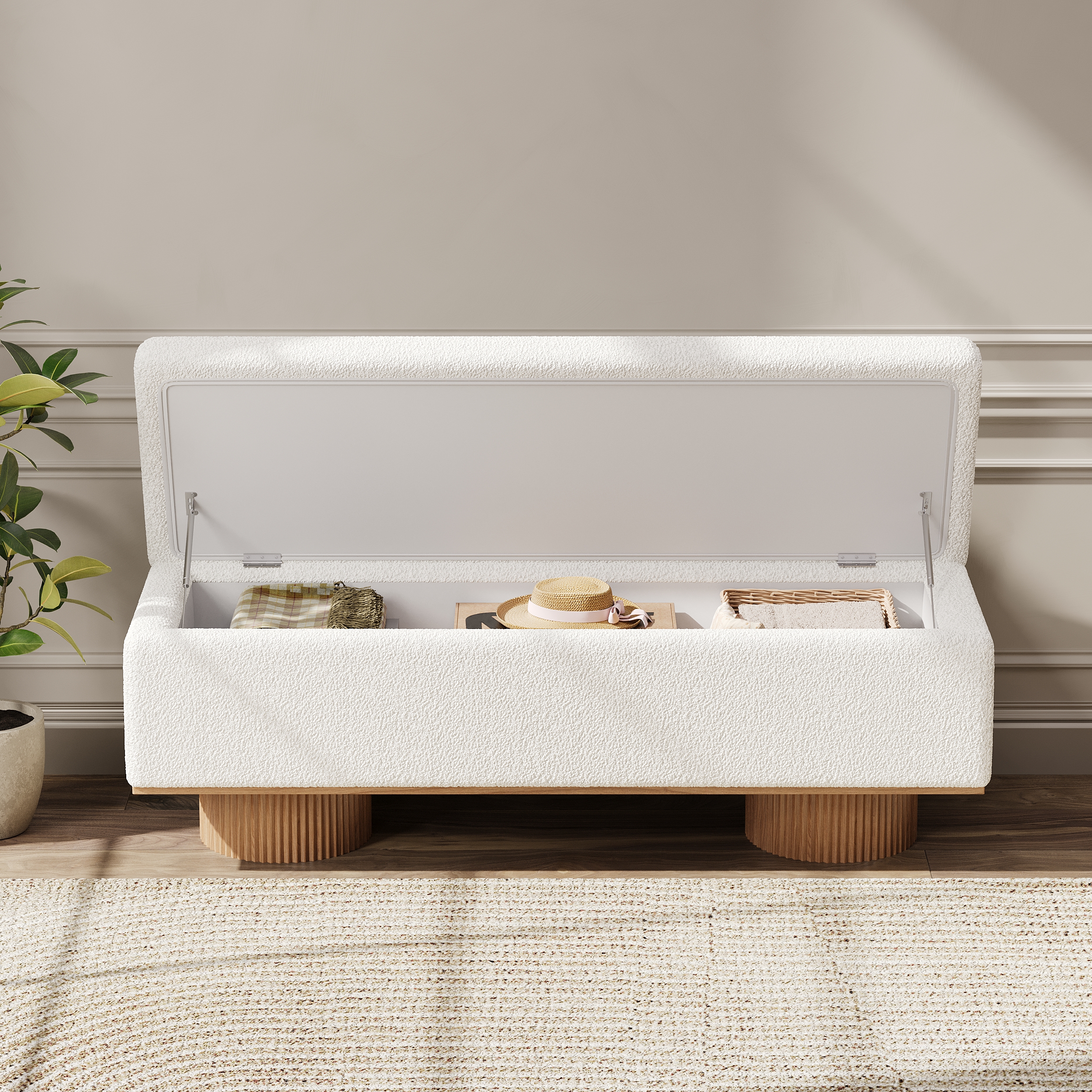 HMR - Teddy Fabric Fluffy Faux Fur Flip Top Wood Storage Bench