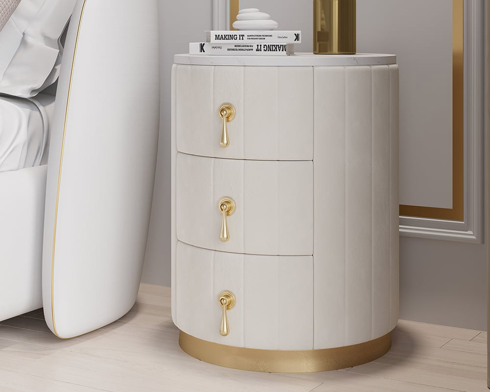 HMR 3-Drawer Round Nightstand (Set of 2) - White, Velvet