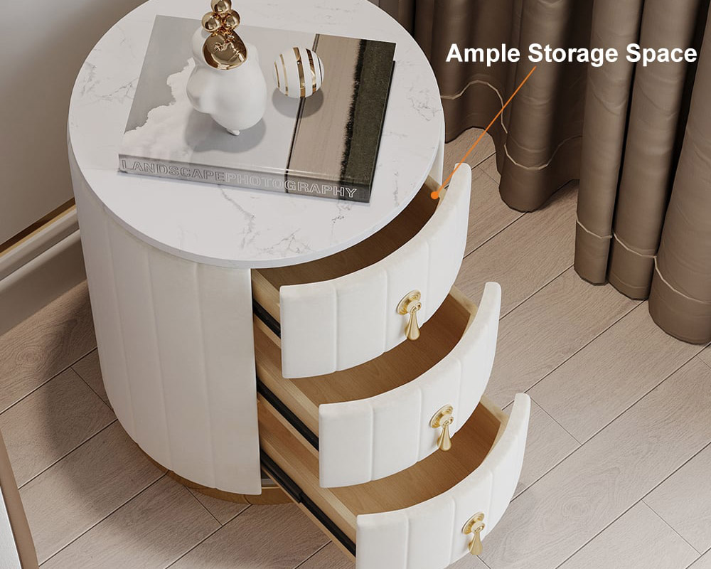 HMR 3-Drawer Round Nightstand (Set of 2) - White, Velvet