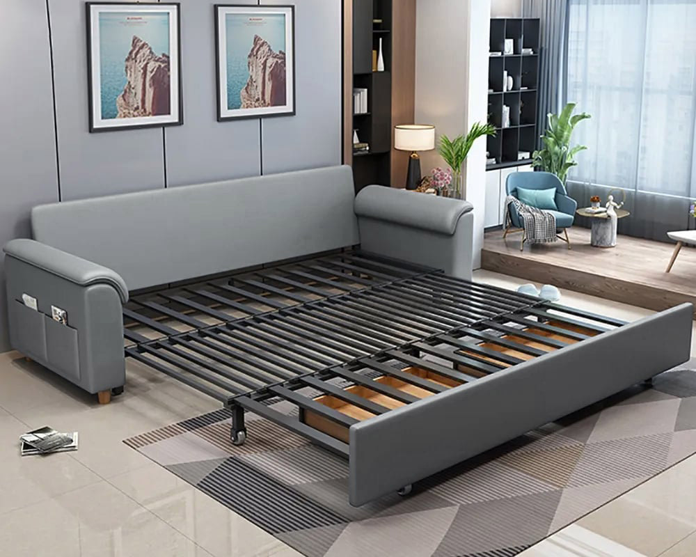 HMR Queen 2-Seater Sleeper Sofa - Light Gray, Leath-aire