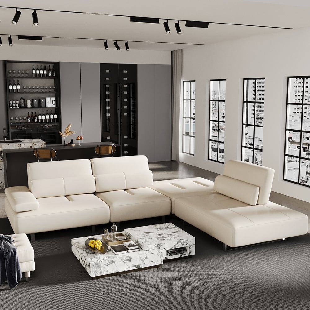HMR - 134.6" White Leather Lounge Deep Seat Sectional Sofa with Adjustable Armrest & Backrest