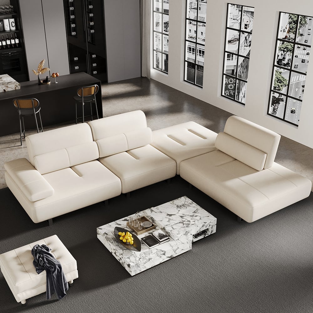 HMR - 134.6" White Leather Lounge Deep Seat Sectional Sofa with Adjustable Armrest & Backrest
