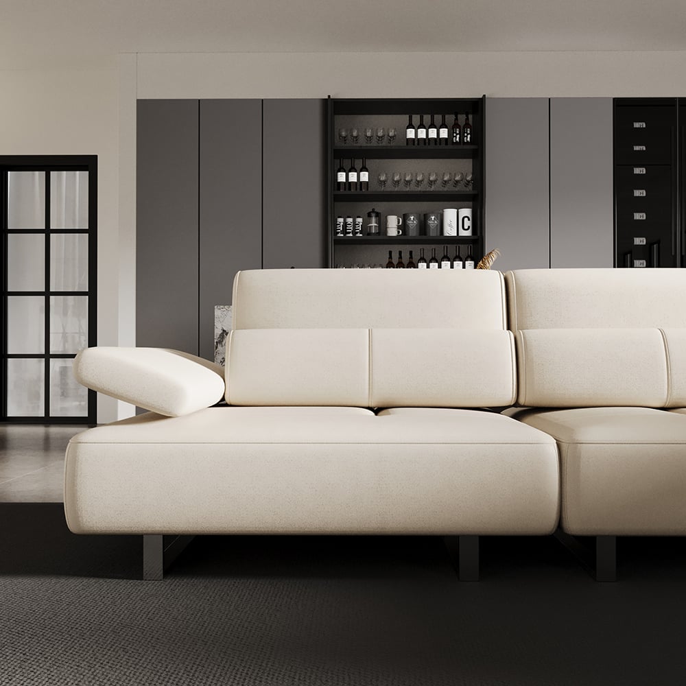 HMR - 134.6" White Leather Lounge Deep Seat Sectional Sofa with Adjustable Armrest & Backrest