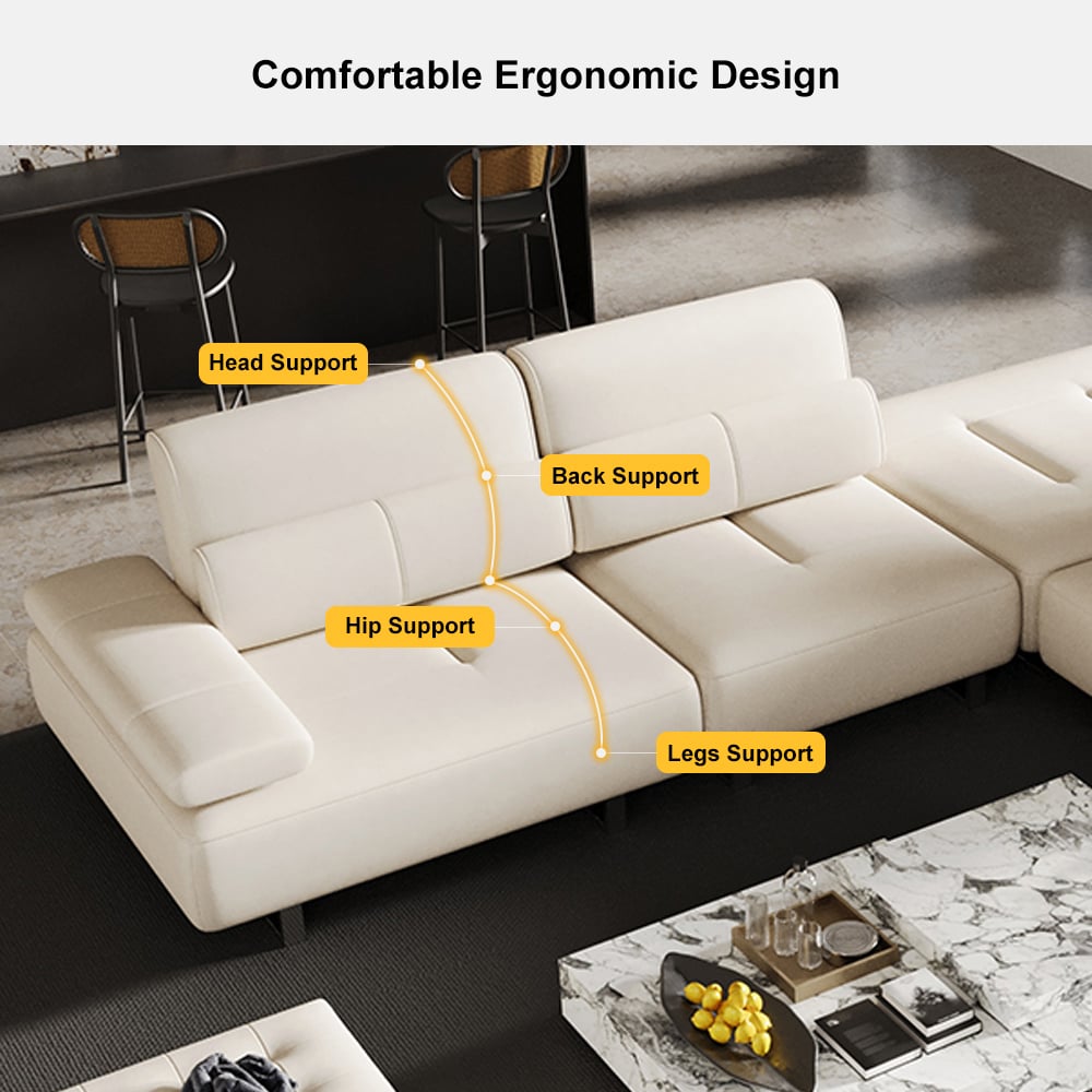 HMR - 134.6" White Leather Lounge Deep Seat Sectional Sofa with Adjustable Armrest & Backrest