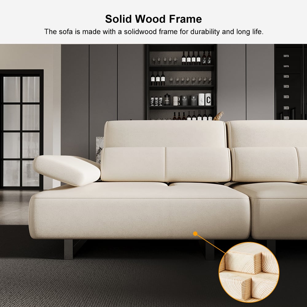 HMR - 134.6" White Leather Lounge Deep Seat Sectional Sofa with Adjustable Armrest & Backrest
