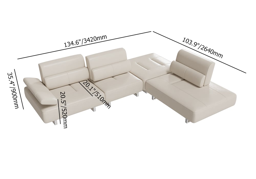 HMR - 134.6" White Leather Lounge Deep Seat Sectional Sofa with Adjustable Armrest & Backrest