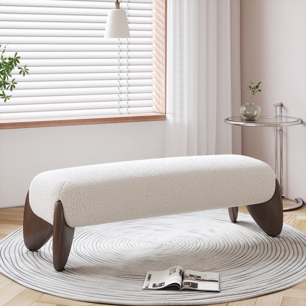 HMR - Curva White Boucle Platform Queen Size Bed & Bedroom Bench Set