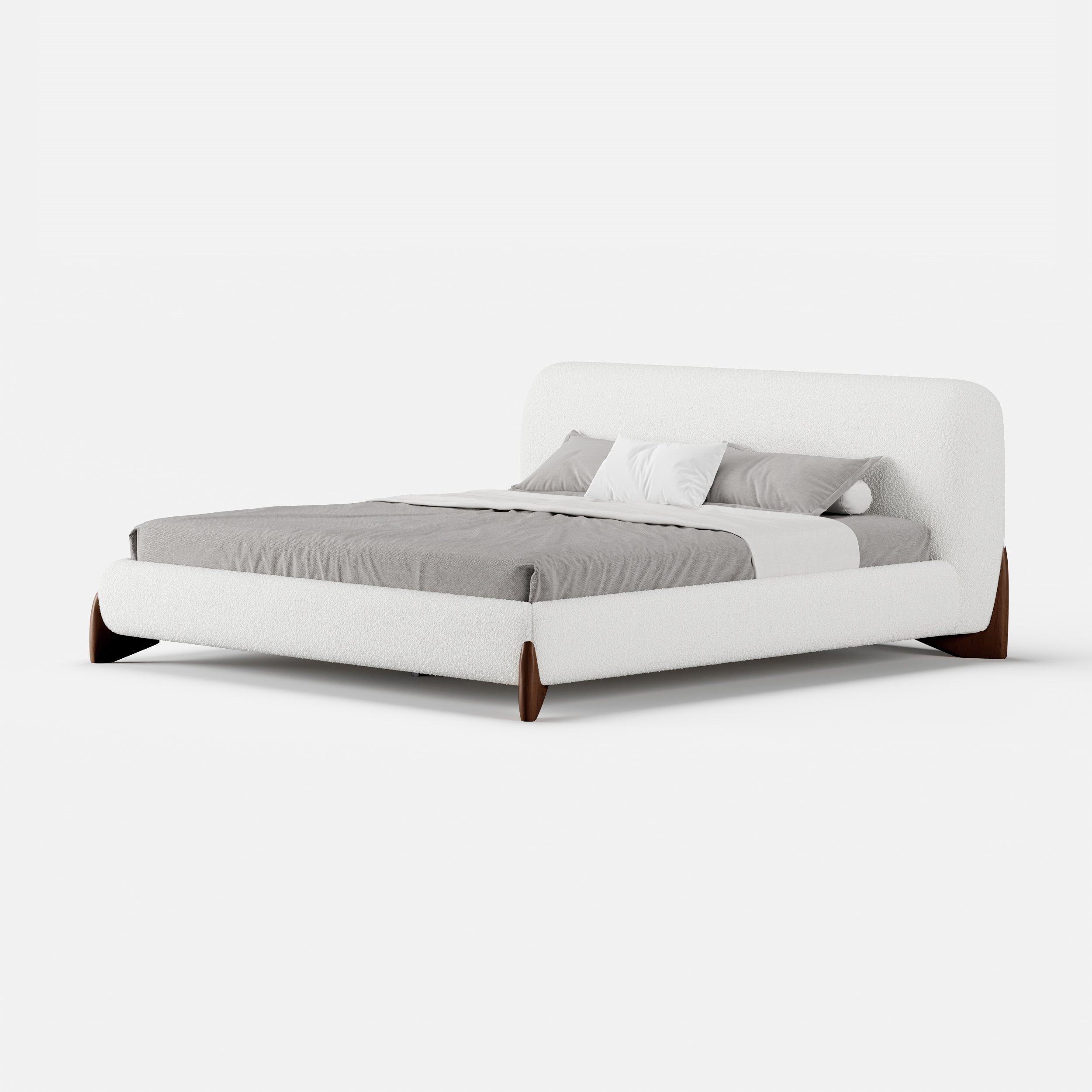 HMR - Curva White Boucle Platform Queen Size Bed & Bedroom Bench Set