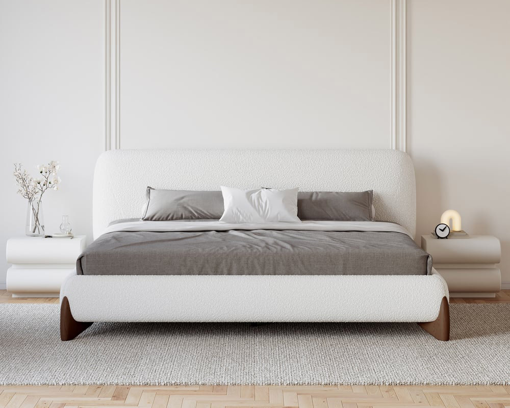 HMR Curva Boucle Queen Upholstered Platform Bed with Walnut Legs - White, 60"Wx 80"L, Walnut