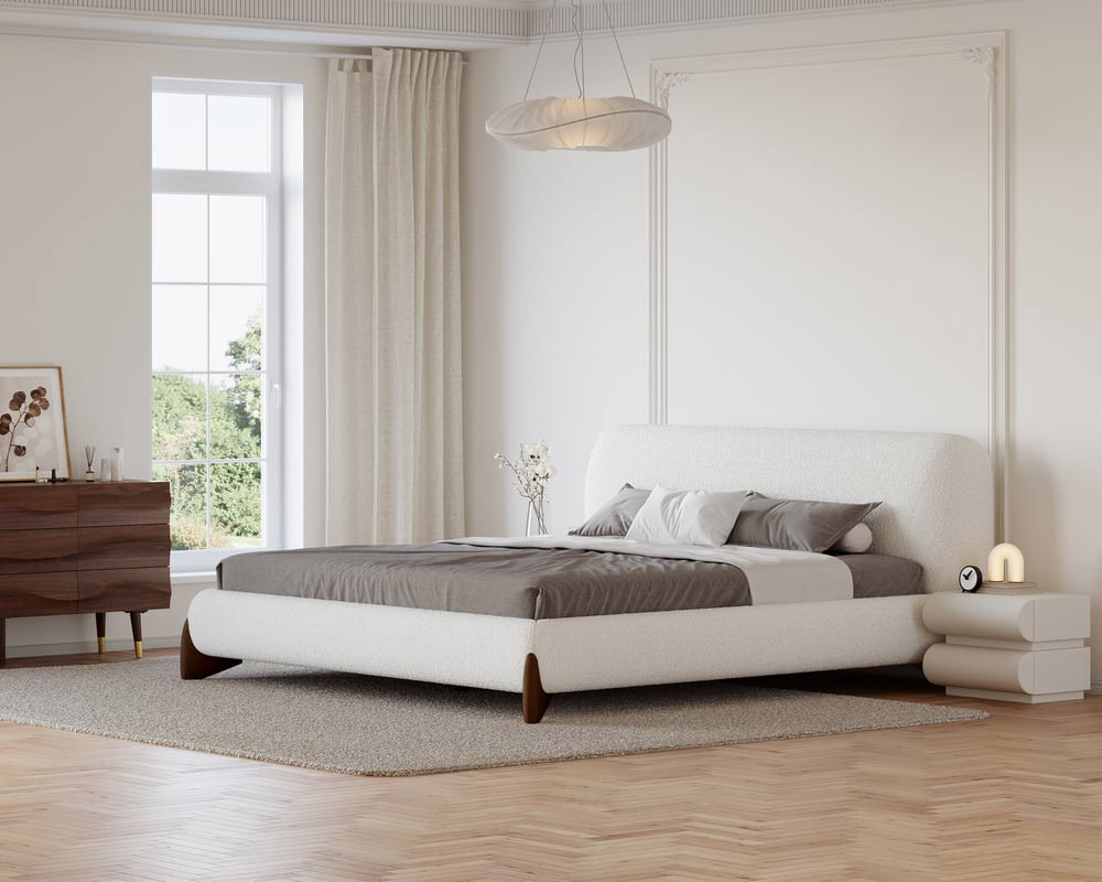 HMR Curva Boucle Queen Upholstered Platform Bed with Walnut Legs - White, 60"Wx 80"L, Walnut