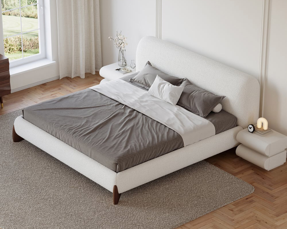 HMR Curva Boucle Queen Upholstered Platform Bed with Walnut Legs - White, 60"Wx 80"L, Walnut