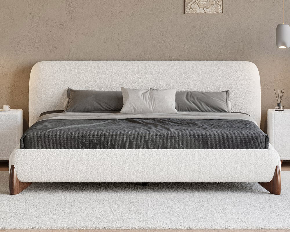 HMR Curva Boucle Queen Upholstered Platform Bed with Walnut Legs - White, 60"Wx 80"L, Walnut