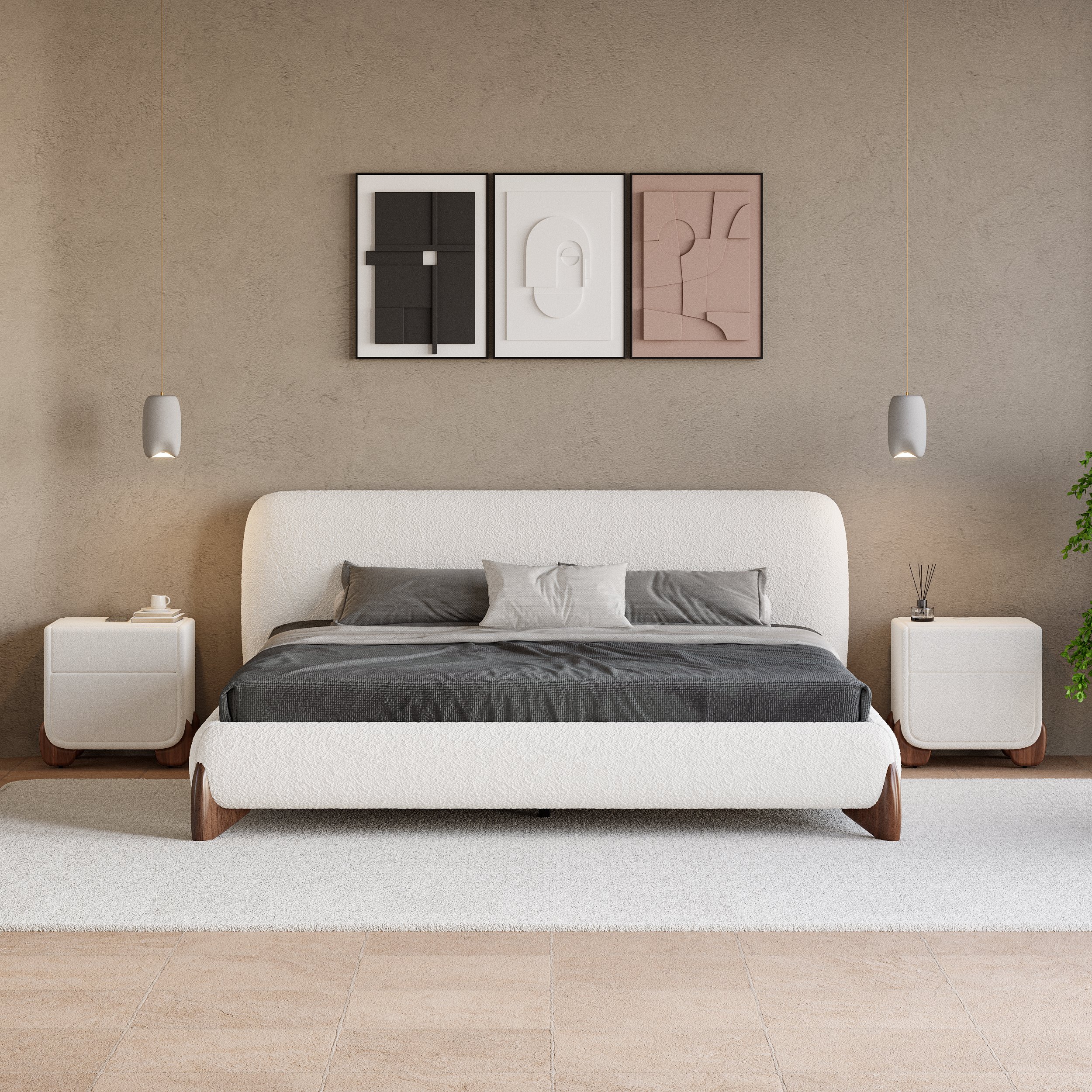 HMR Curva Boucle Queen Upholstered Platform Bed with Walnut Legs - White, 60"Wx 80"L, Walnut