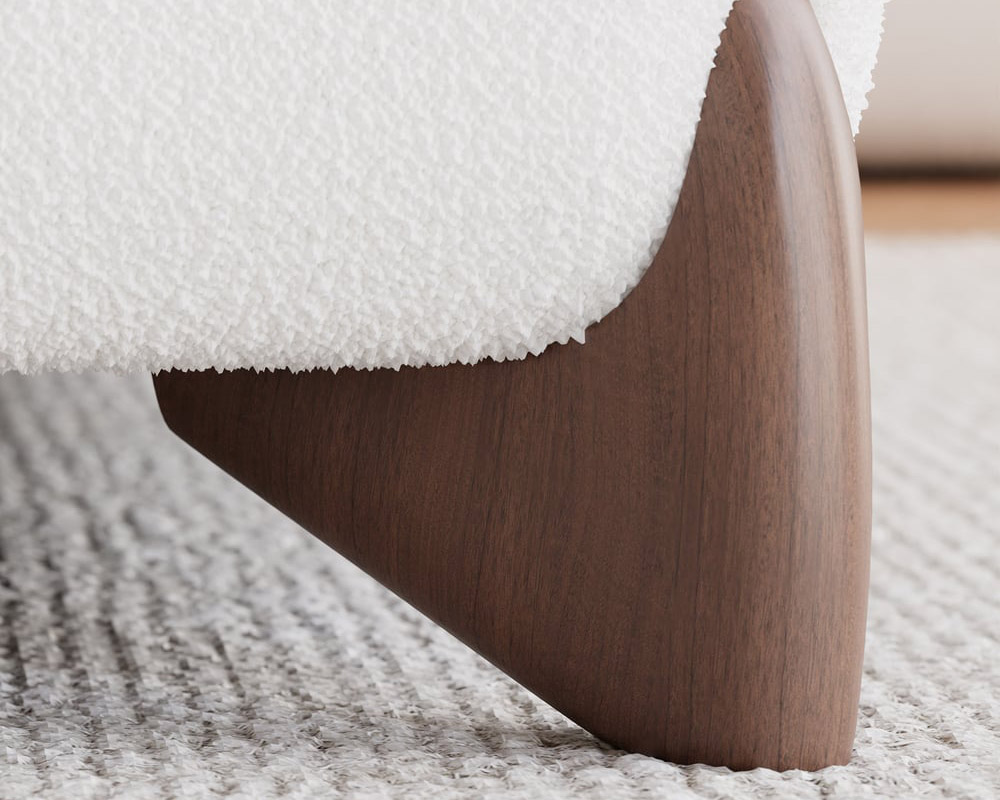 HMR Curva Boucle Queen Upholstered Platform Bed with Walnut Legs - White, 60"Wx 80"L, Walnut