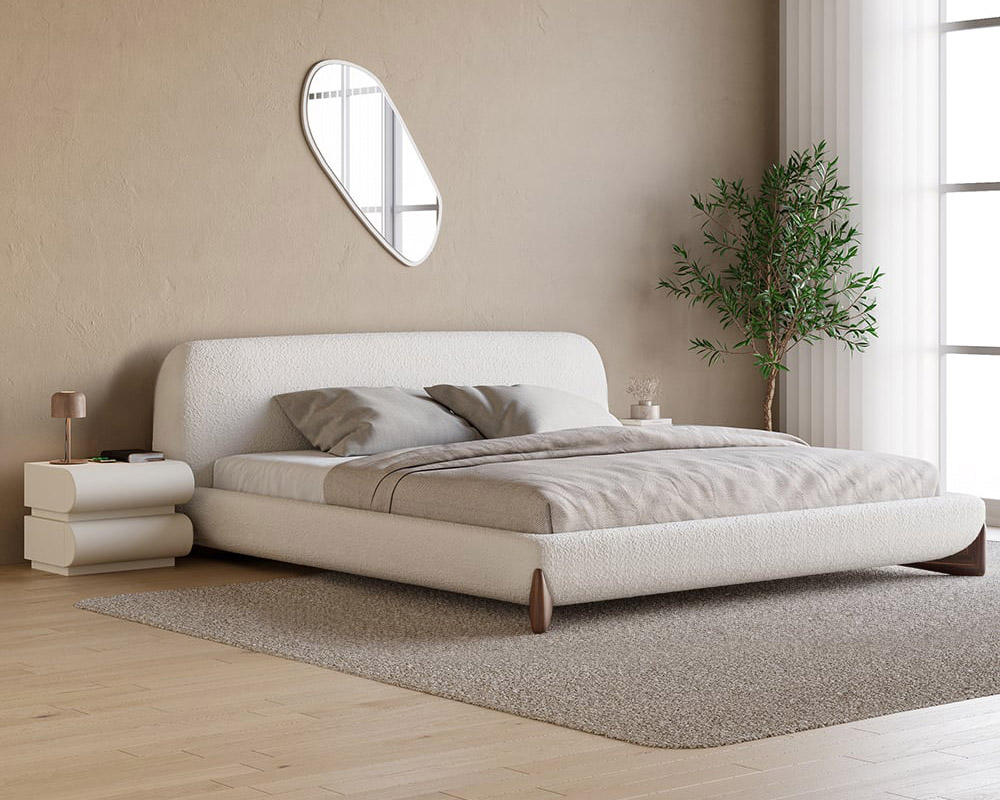 HMR Curva Boucle Queen Upholstered Platform Bed with Walnut Legs - White, 60"Wx 80"L, Walnut