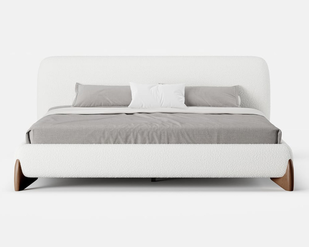 HMR Curva Boucle Queen Upholstered Platform Bed with Walnut Legs - White, 60"Wx 80"L, Walnut