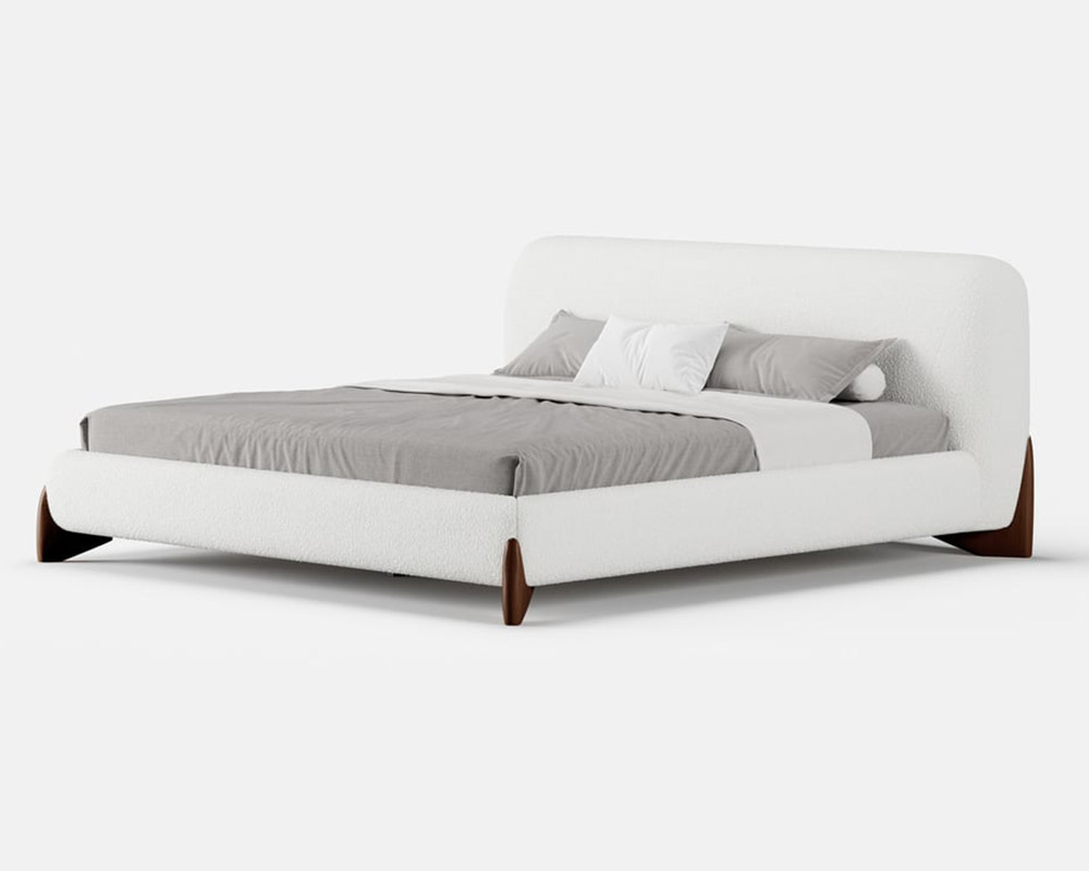 HMR Curva Boucle Queen Upholstered Platform Bed with Walnut Legs - White, 60"Wx 80"L, Walnut