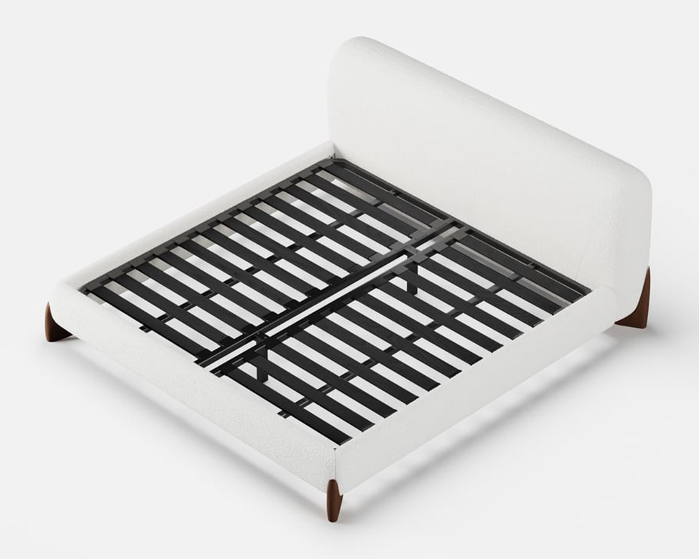 HMR Curva Boucle Queen Upholstered Platform Bed with Walnut Legs - White, 60"Wx 80"L, Walnut