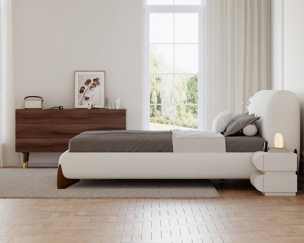 HMR Curva Boucle Queen Upholstered Platform Bed with Walnut Legs - White, 60"Wx 80"L, Walnut
