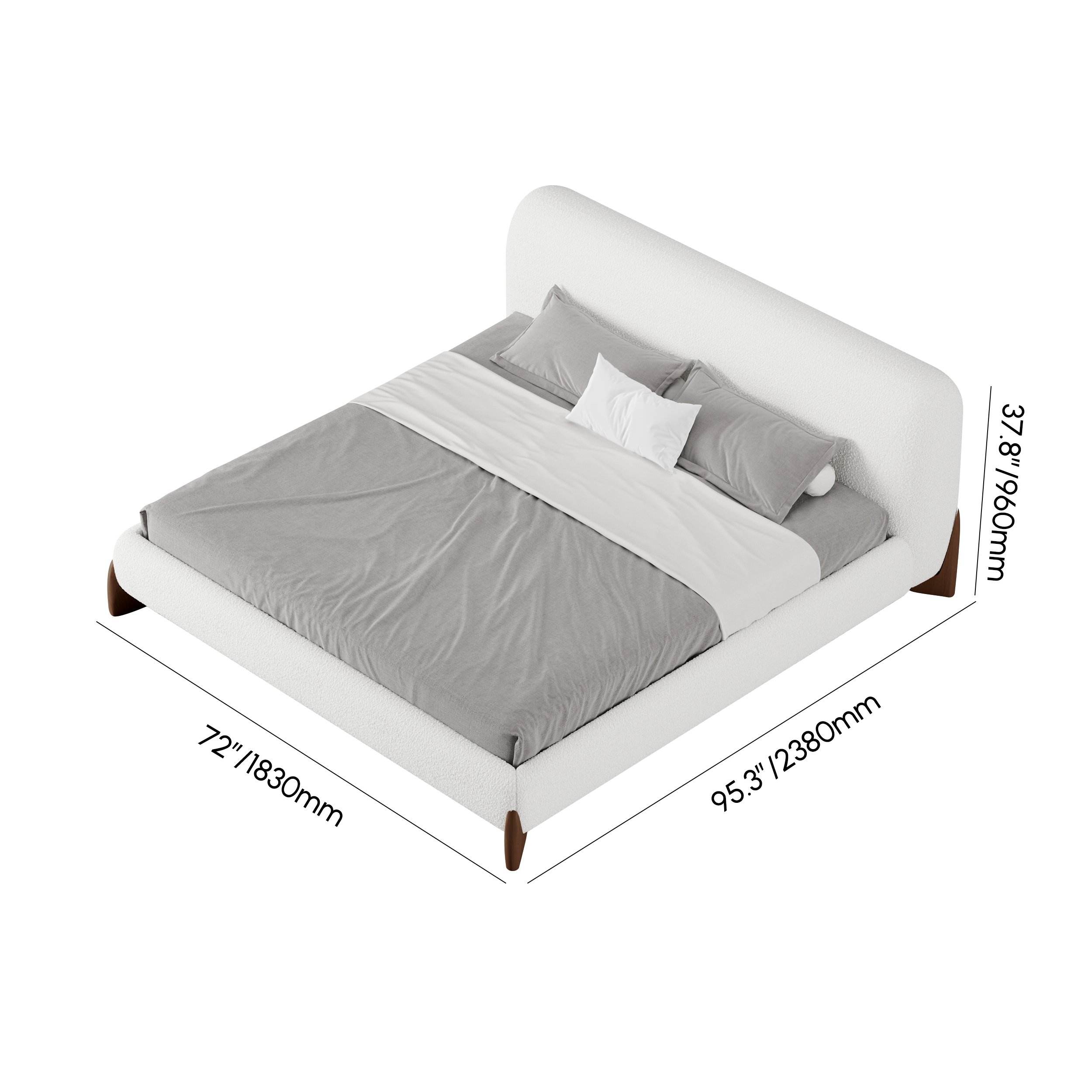 HMR Curva Boucle Queen Upholstered Platform Bed with Walnut Legs - White, 60"Wx 80"L, Walnut